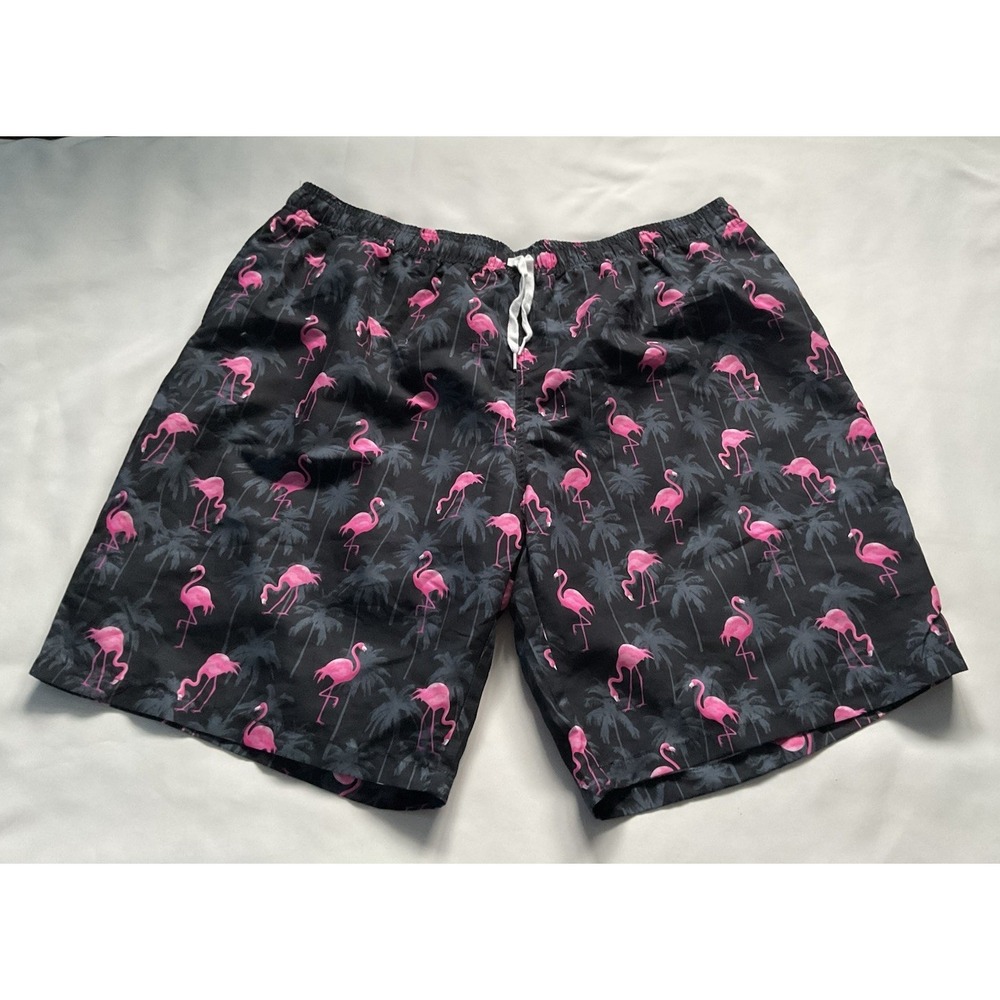 Men's Swim Shorts Black Pink Flamingo Tropical Print Drawstring Size 4XL